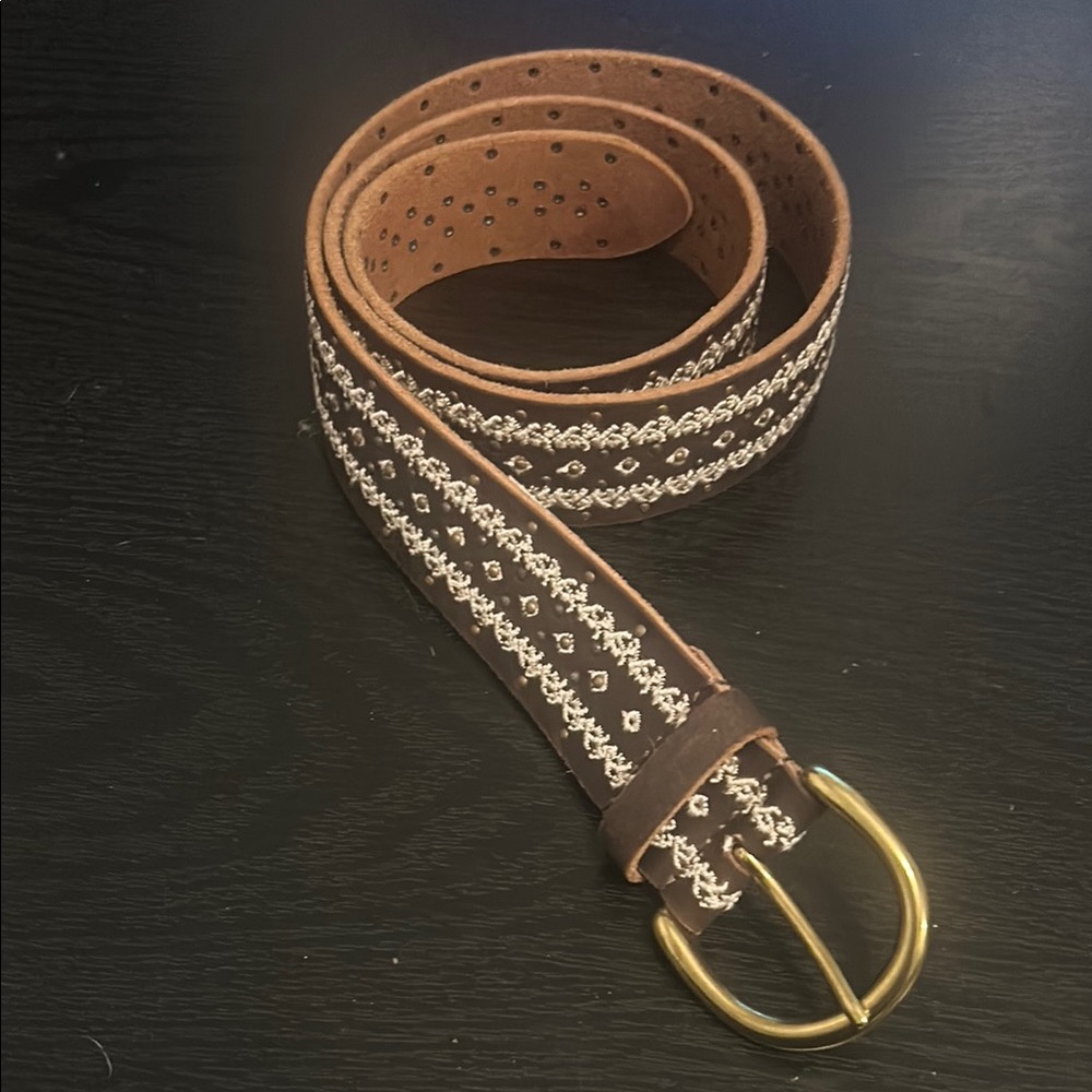 Lucky Brown Embroidered Belt with Gold Buckle